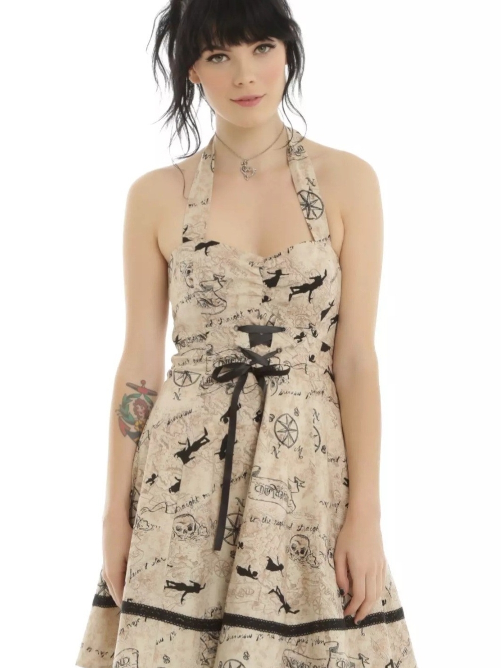 Disney Peter Pan Beige and Black Halter Fit-and-Flare Dress with Map Print